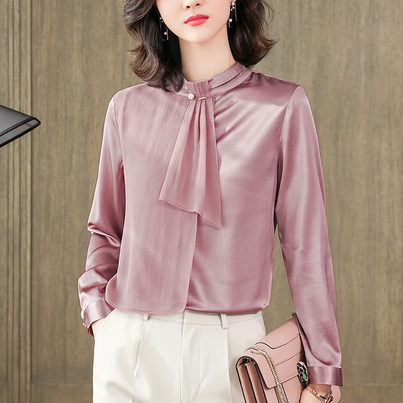 

Office Lady Fashion Shirt Stand Collar Long Sleeve Elegant Shirts And Blouses For Women Solid Tops Women's Real Silk Blouse