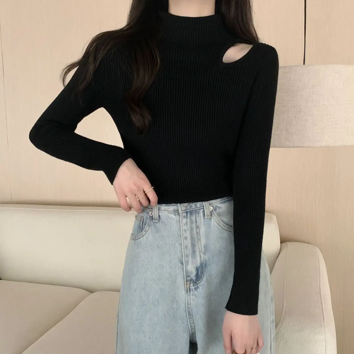 

Black Semi-high Neck Knitted Sweater Women's Spring New Style With Hollowed-out Sweater Design Feeling Slim Top