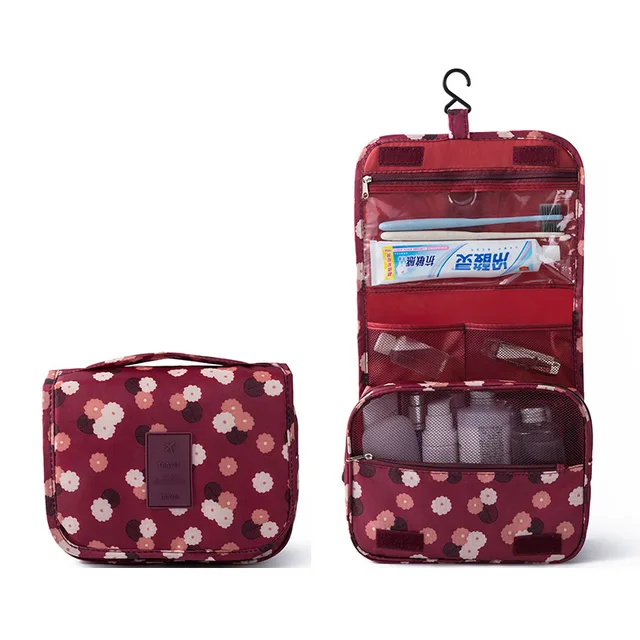 Nylon Hook Up Cosmetic Bag Women Travel Toiletries Storage Bag High Quality Waterproof Makeup Pouch Ladies Make-up Beauty Bag Burgundy flower