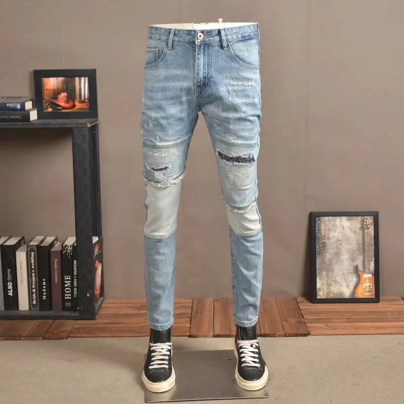 

Summer Light Blue Ripped Jeans Men Streetwear Casual Patchwork Patches Pants Korean Style Fashion Slim Fit Denim Trousers