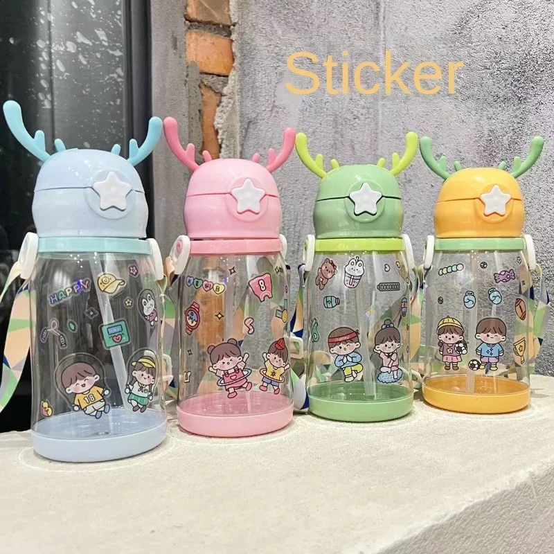 Cartoon Cute Children's Water Bottle Portable Straw Cup Large Capacity Anti Drop Student Bounce Cover Plastic Water Cup Summer