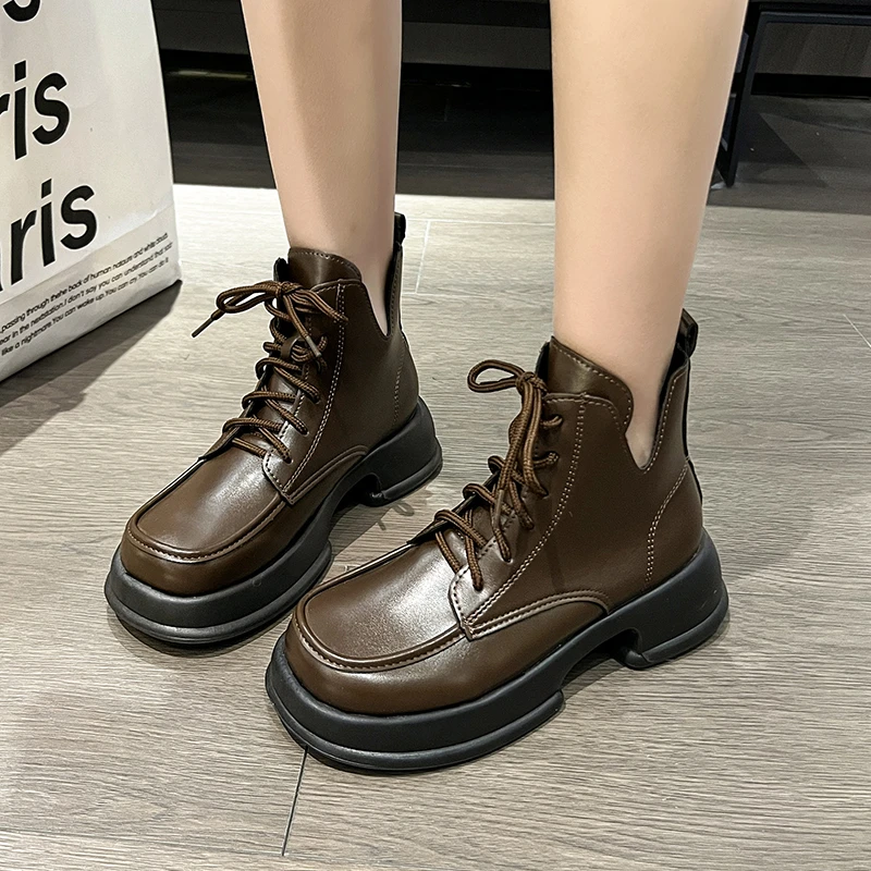 Ladies Shoes 2023 Hot Sale Lace Up Women's Boots Autumn Round Toe Solid Naked Boots Platform Mid Heel Water Proof Fashion Boots
