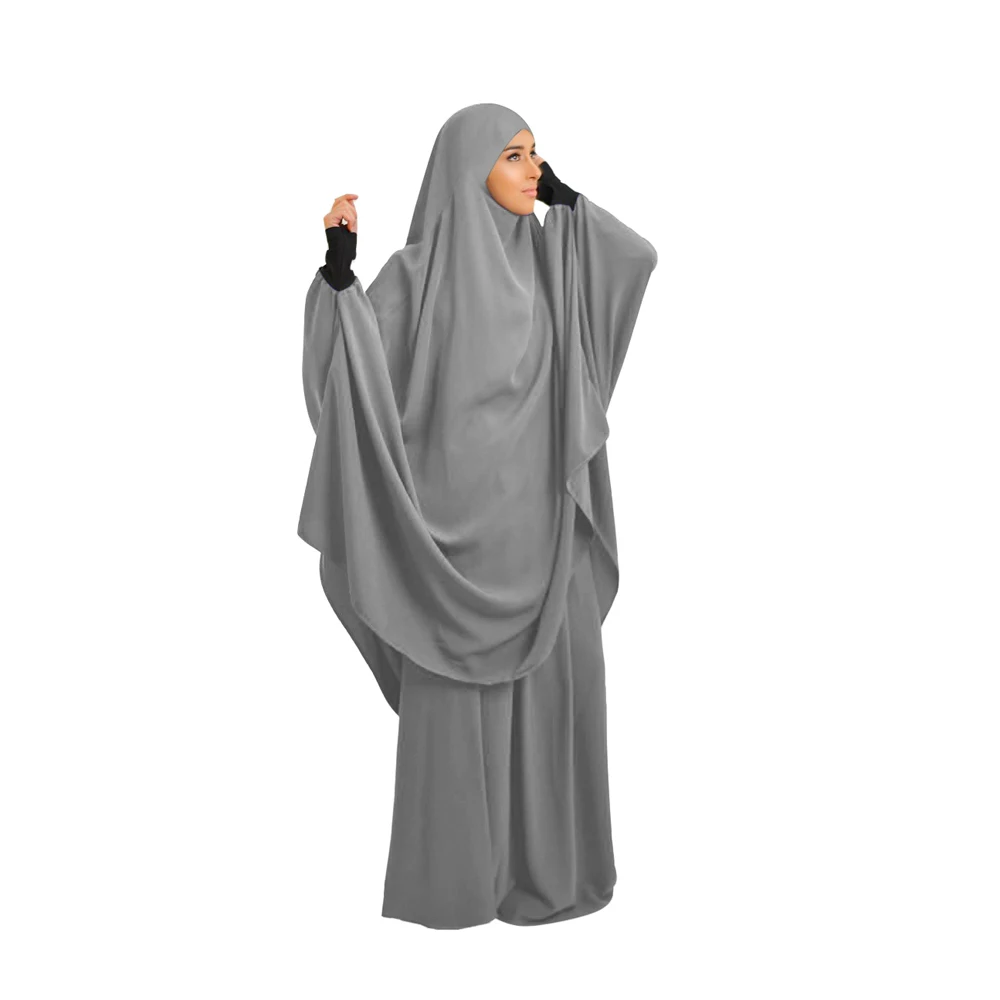 

2 Piece Hooded Eid Ramadan Khimar Abaya Muslim Women Overhead Hijab Maxi Dress Set Turkey Arab Islamic Dubai Burqa Robe Clothing