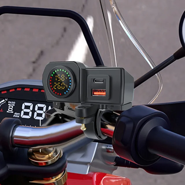 60W Motorcycle Handlebar PD QC3.0 Charger Socket USB Type-C Fast Charger Phone Power Adapter With Voltmeter Thermometer Display