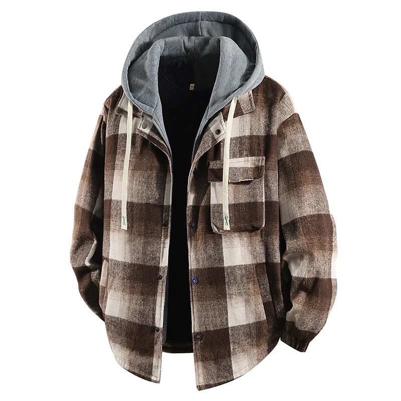Plus Size 8xl 7xl Men's Shirt Jacket Fake 2pcs High Quality Cotton Plaid Loose Hooded Coats Shirts Jackets Mens Clothing 2