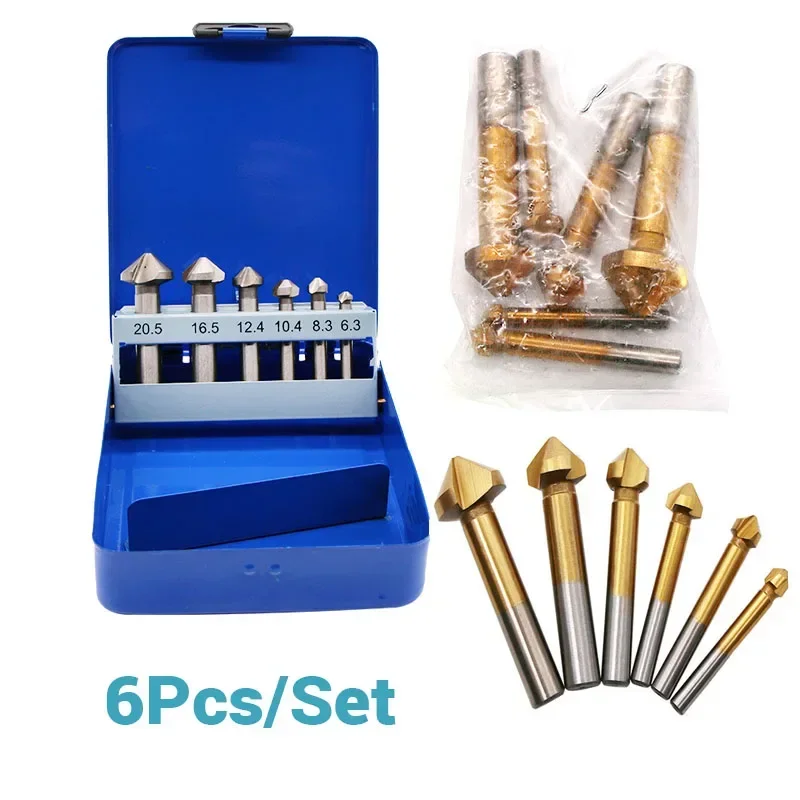 

6Pcs/Set 6.3-20.5mm 3 Flute Full Grinding 90 Degree HSS Chamfer Chamfering Cutter End Mill Tool Countersink Drill Bit Sets