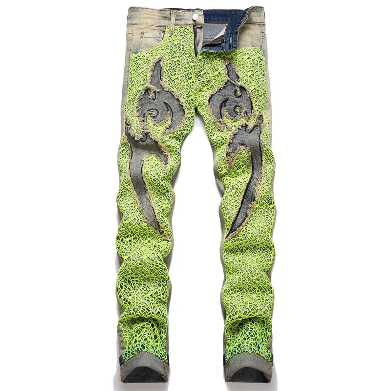 

New 2023 Summer Street Green Spider Web Letter Embroidery Straight Tube Elastic Slim Fashion Men's Jeans
