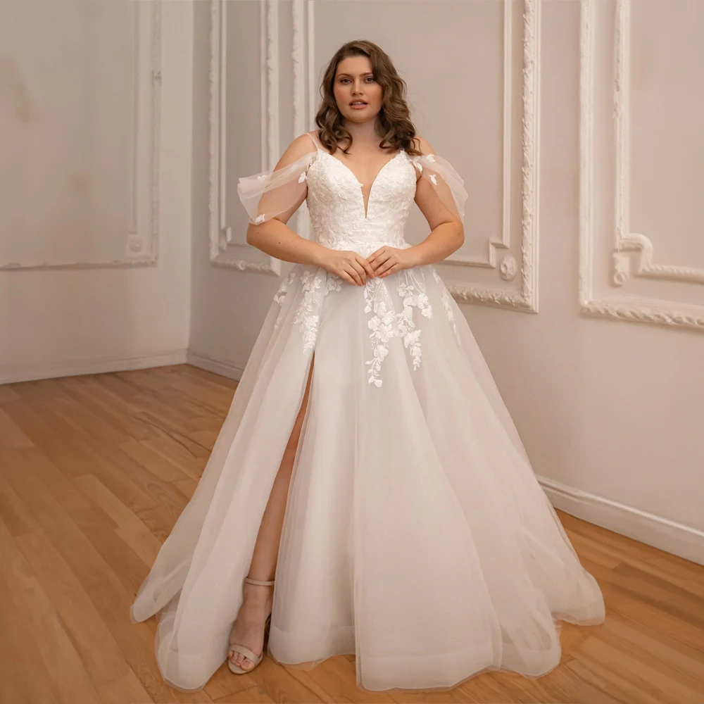 

Spaghetti Straps Applique Lace Chiffon Side Split Wedding Dresses for Women A-line Plus Size Court Wedding Gown فساتين طويلة