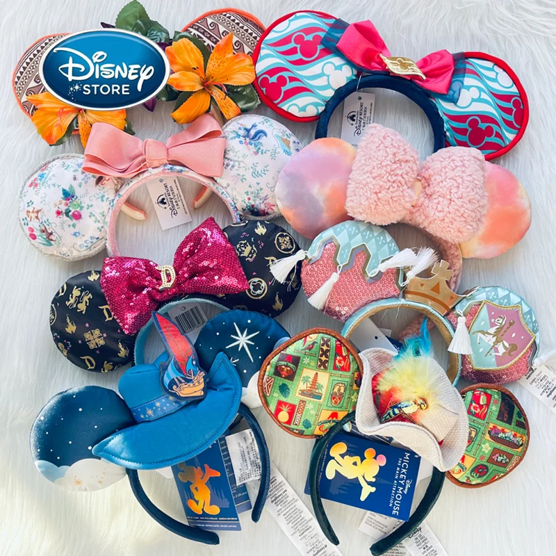 2024 Original Disney Mickey Ears Headband Shanghai Disneyland Minnie Leather Headband Hairband Sequin Bow Party Hair Accessories 1pc 2022 new cute glitter bow mouse ears headband princess crown girls sequins bow hairband kids headwear diy hair accessories