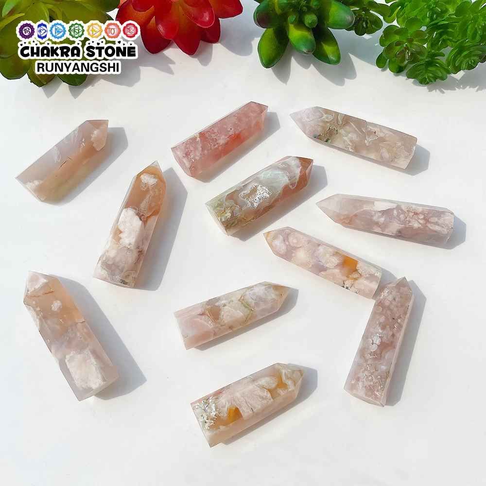 Natural Crystals Cherry Blossom Agate Point Wands Healing Flower Agate 6 Faceted Obelisk Towers Ore Mineral Crafts Home Ornament