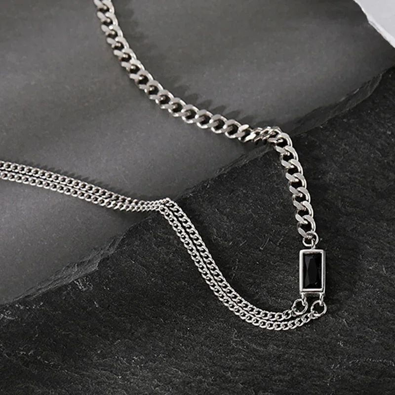 925 Sterling Silver Black Zircon Double-layered Clavicle Chain Necklace for Women