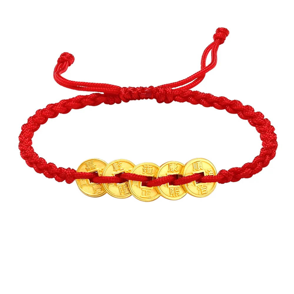 

Pure Real 24k Yellow Gold 3D Five Coin Bead Red Cord Lucky Knitted Bracelet