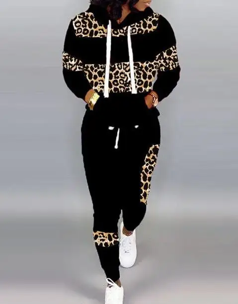 Two Piece Set Women Outfit 2023 Spring Fashion Leopard Print Long Sleeve Pocket Design Hoodie & Casual Daily Sporty Pants Set luckymarche daily sporty inner shortsqxaax23511whx