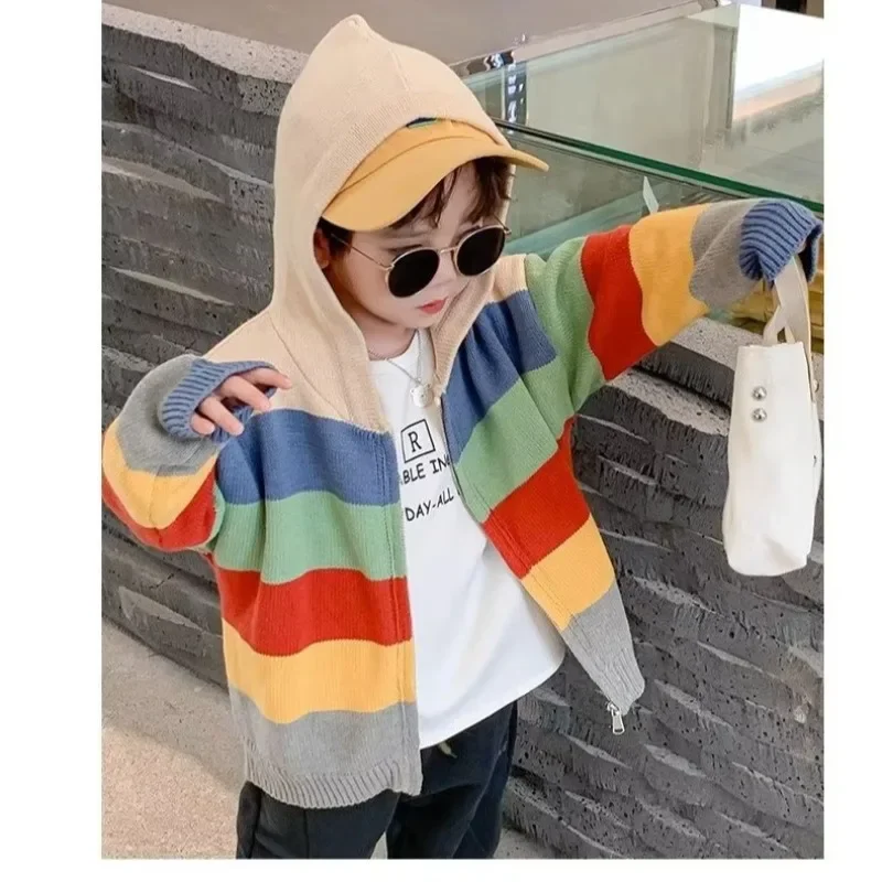 어린이용 니트 가디건 상의 재킷, 2023 가을 컬렉션, 새로운 스타일, 여성 남아용 후드 컬러 블로킹 스웨터