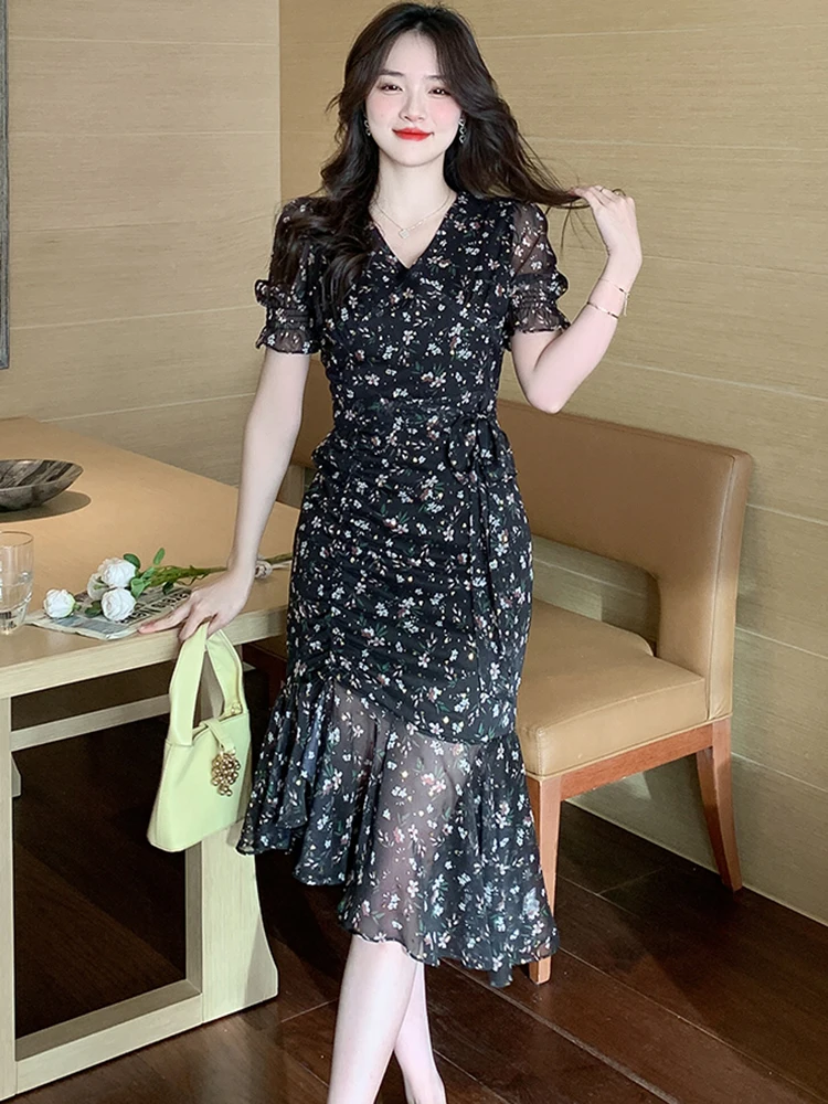 2024-Black-Floral-Chiffon-Ruffled-Mermaid-Dress-Women-Pink-Elegant ...