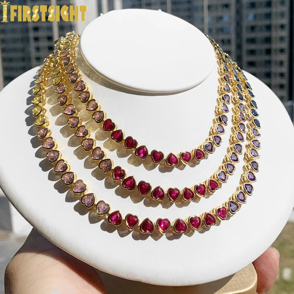 2025 New Iced Out AAA Cubic Zirconia Heart Tennis Chain Necklace Gold Color Rainbow CZ Charm Choker Hip Hop Jewelry For Women 4