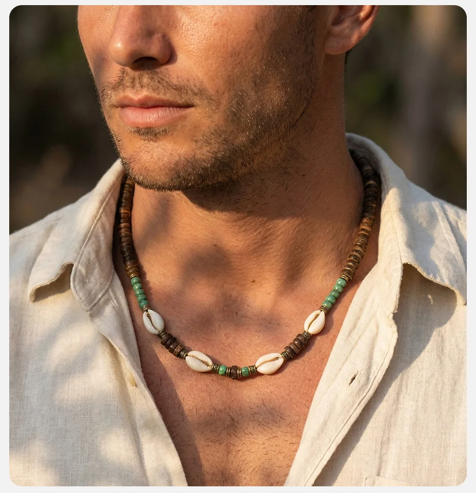 Vnox Verstellbare Kokosnussmuschel-Perlenkette für Herren, Legierungs-Abstandsperlen mit Muschelanhänger, Surf-Boho-Strand-Holzschmuck Geschenk – Detail 3
