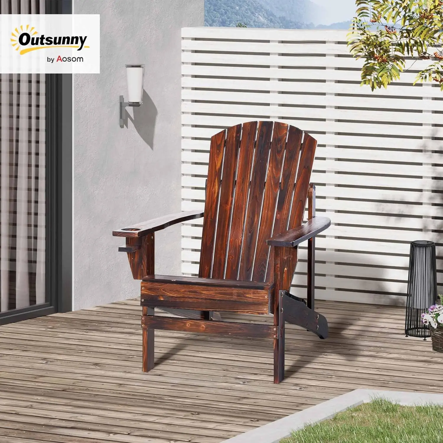 Wooden Adirondack Chair. Outdoor Patio Lawn Chair. Cup Holder. Weather Resistant. For Deck, Garden, Backyard, Fire Pit. Brown.