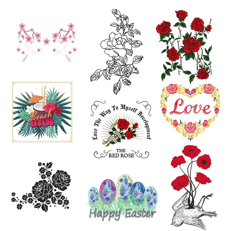 

Iron-on Transfers For Clothing Stickers Summer Fashion Rose Flower Thermal Heat Transfer For Clothes Cartoon Letter Applique