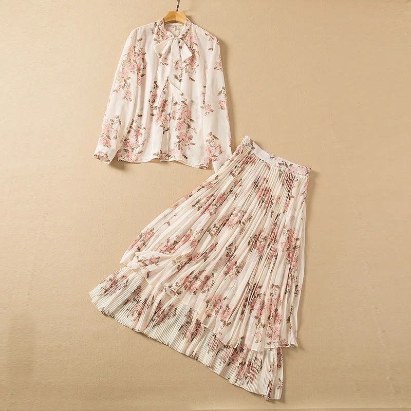 

European and American Women's Wear Spring 2022 New Printed Shirt with Long Sleeves and Bow Pleated Skirt Fashion Suits vestidos