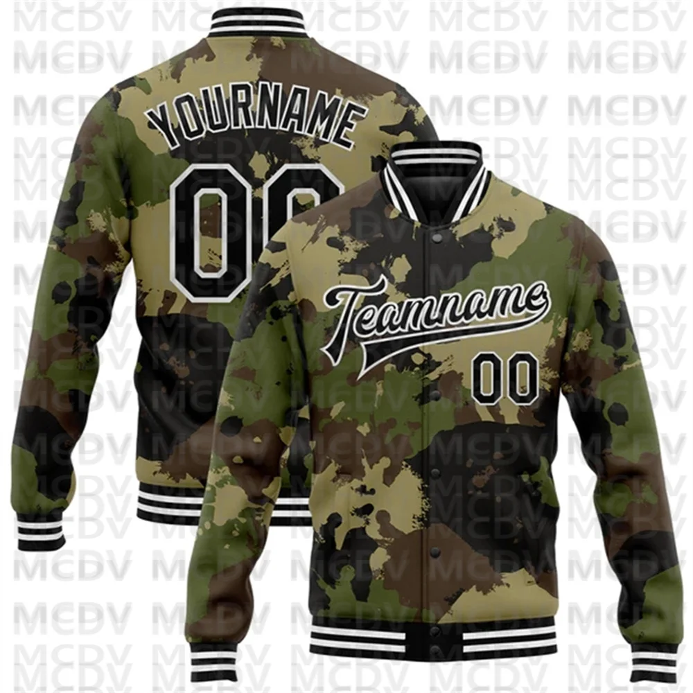 Custom Camo Black-Old Gold Jungle Camouflage 3D Bomber Full-Snap Varsity Letterman Salute To Service Jacket