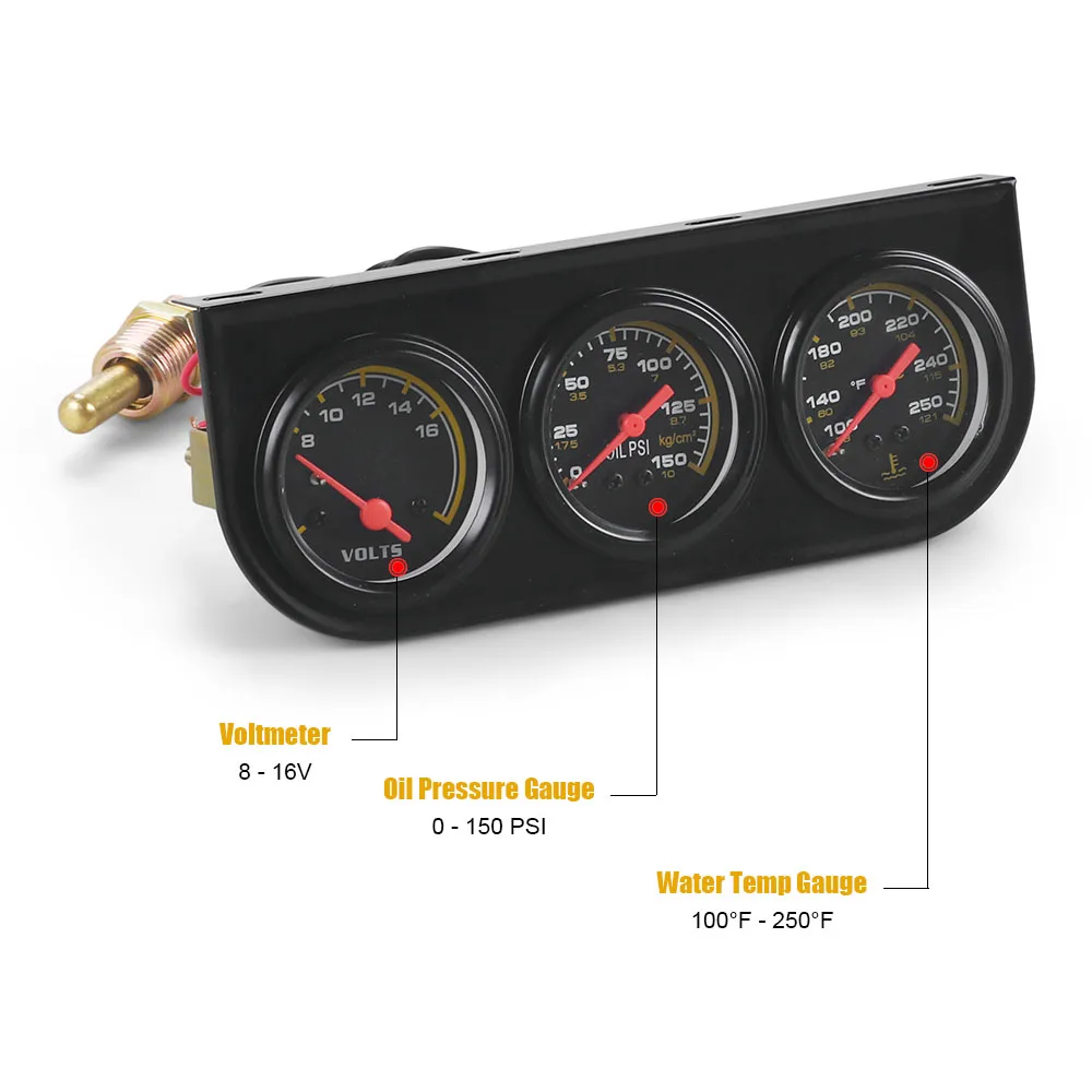 12V 자동차 트리플 게이지 키트 3-in-1 수온계(C/F) 오일 압력계(PSI) 전압계 기계식 세트(센서 포함) ?