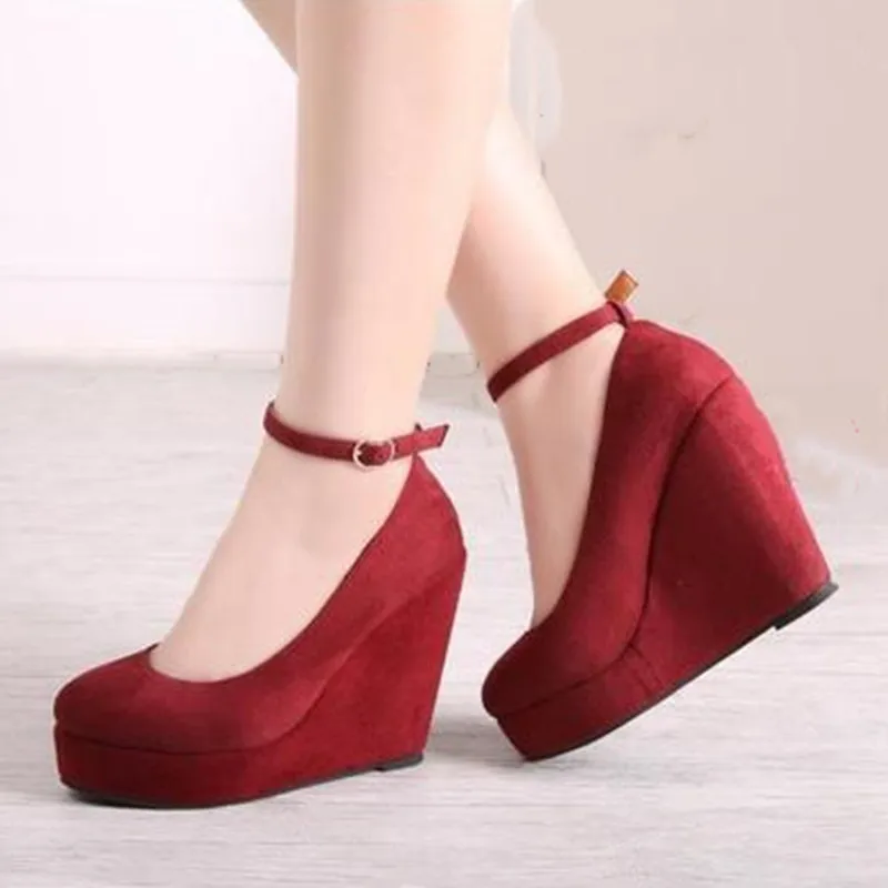 

SHOFOO shoes Sexy women's shoes. Approximately 12 cm high heel. Wedge heel. Round toe pumps. Ankle strap. Fashion show banquet