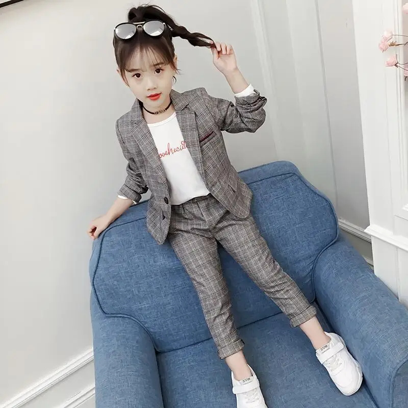 

2022 New Girls Gray Plaid Suit Spring and Autumn 2-5-10-12T Children's Two-piece Children's Party Suit + Pants Suit