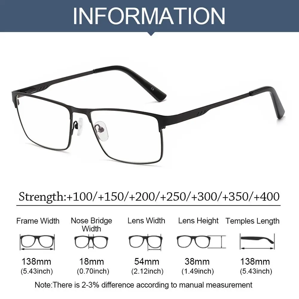 Reading glasses men square metal large frame presbyopia +1.25 1.5 1.75 2.0 2.25 2.5 2.75 3.0 3.5 4 4.5 5.0 5.5 6.0