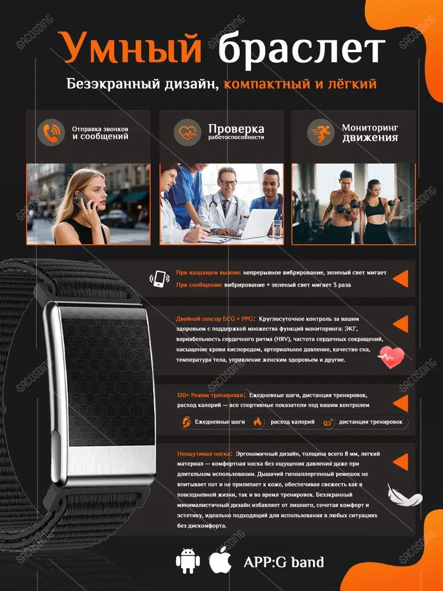2026년형 새로운 스크린리스 피트니스 팔찌 ECG HRV 혈당 혈압 모니터 (2개 스트랩 포함)