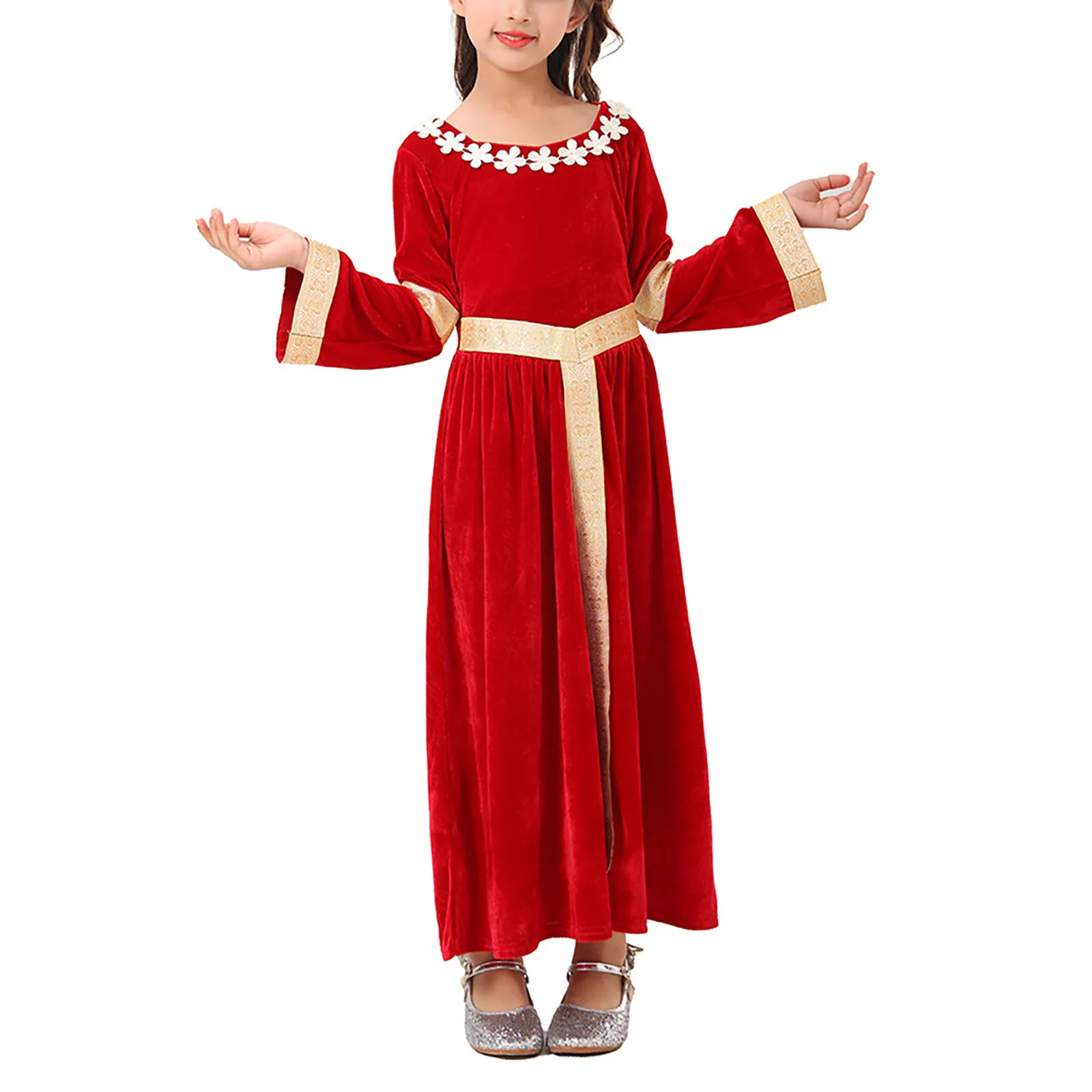 

Kids Grils Medieval Renaissance Queen Princess Costume Dress Halloween Cosplay Carnival Theme Party Long Sleeves Vintage Dresses