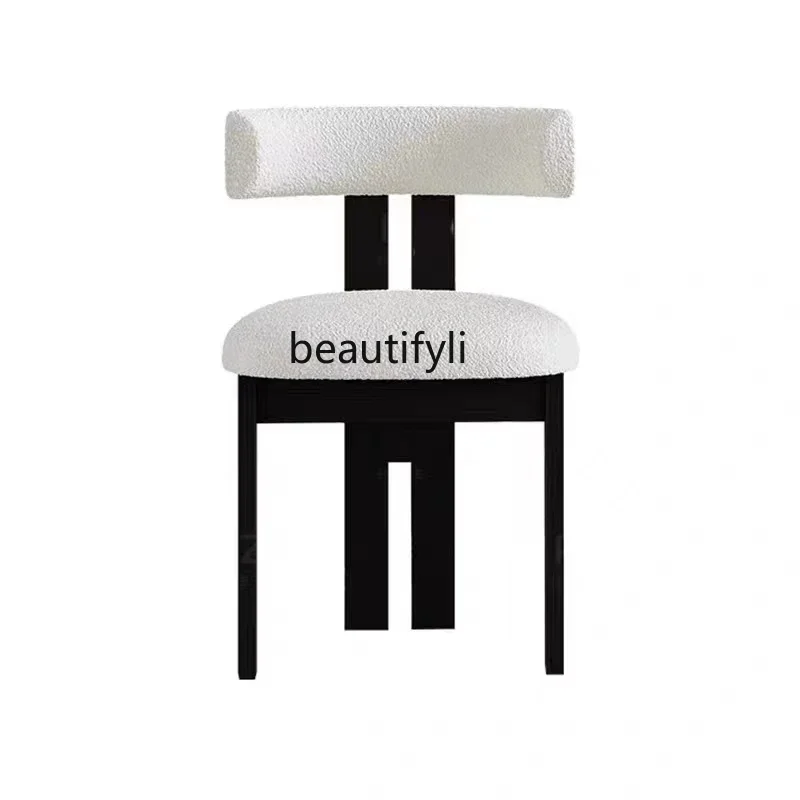 

Nordic Mid-Ancient Solid Wood Dining Chair Household Lambswool Vintage Dining Chair Cream Style Make-up Chair