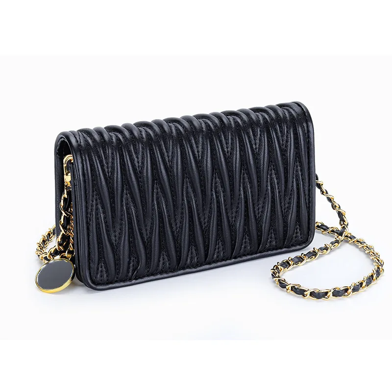 

Sheepskin pleated chain diagonal bag Women's new leather one-shoulder underarm mobile phone bag small square bag