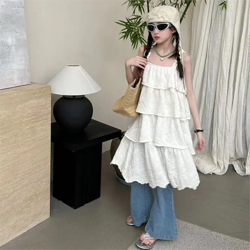 

2024 Summer Teenager Girl 2PCS Clothes Set Children Girl Slip Dress Cake Dress+Jeans Flared Pants Sets Girls From 4-12 Years Old