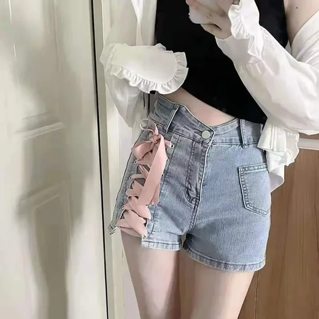 Harajuku cintura alta rendas até shorts jeans casuais das mulheres