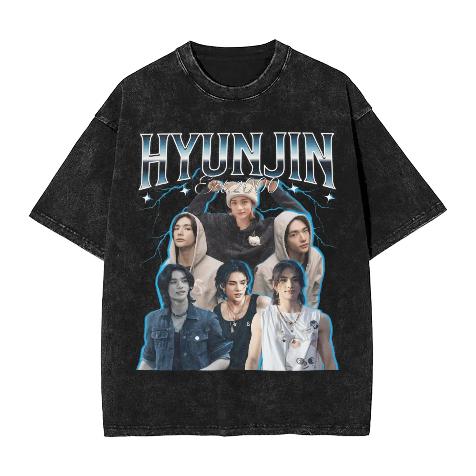 Hyunjin Washed T-Shirt Herren Sänger Y2K Basic Baumwoll-T-Shirts Sommer O-Ausschnitt Trendiges T-Shirt Individuell Anpassbar Große Größen Kleidung