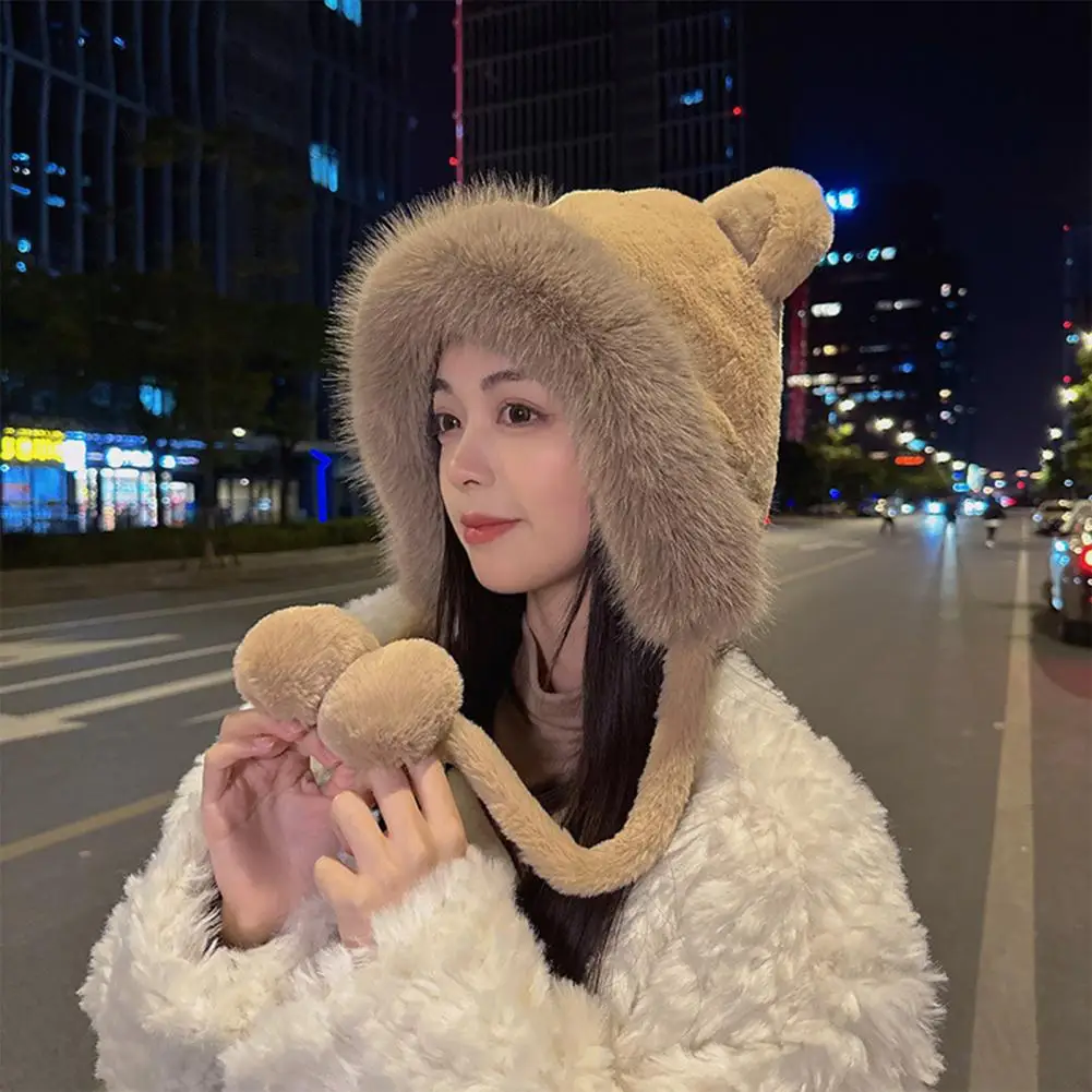 

Women Plush Hat Soft Fuzzy Women's Plush Hat with Cute Bear Ears Windproof Lace-up Strap Thick Warmth for Autumn Winter Outdoor