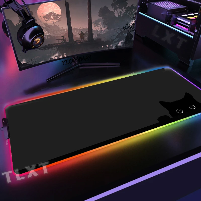 Gato Bonito Gaming Mousepad Tapete de Rato Rgb Grande Mousepad Led Kawaii Almofada de Mesa Luminosa Almofadas de Mesa Retroiluminadas - Imagem 2