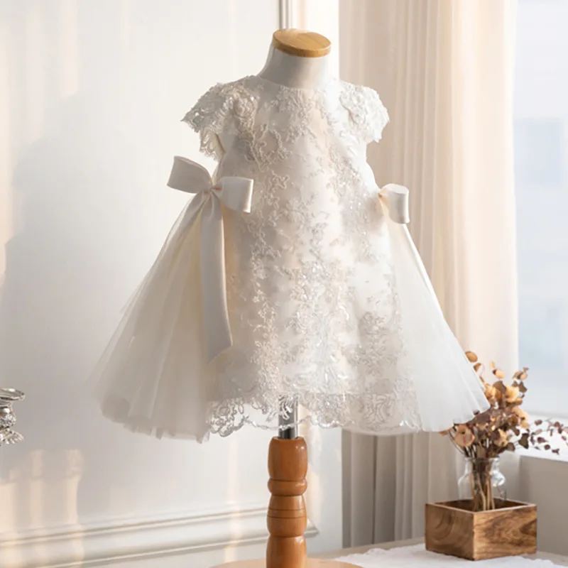 

2023 New 3-8 Y Girls Dresses Elegant Lace Floral Bow Cute Dress Sleeveless Princess Casual Round Neck Evening Ball Gown