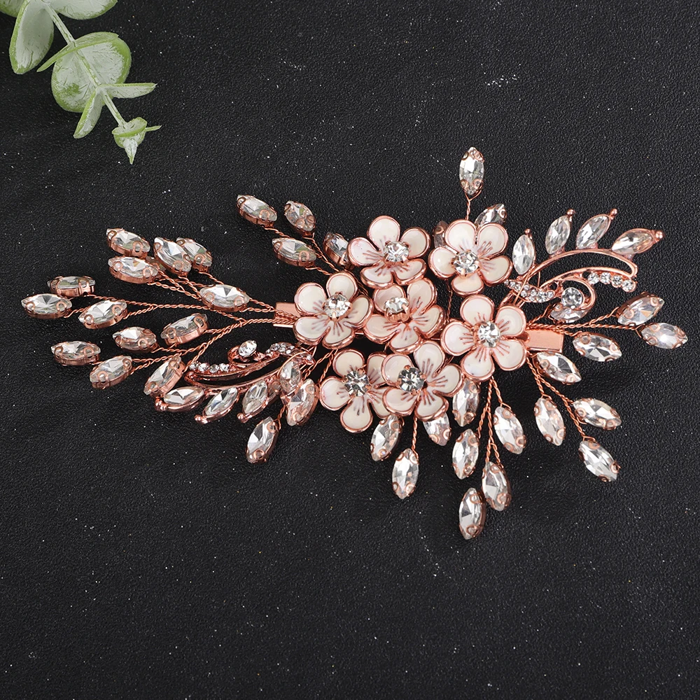 Trendy Silver Rhinestone Bridal Hair Clip Gold Flowers Wedding Hair Accessories Jewelry Handmade Party Headpiece for Women Tiara