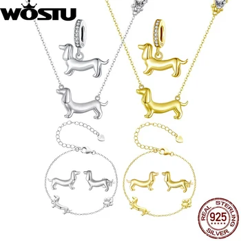 WOSTU 925 Sterling Silver Dachshund Pendant Necklace 18K Gold Pet Paw Chain Link Dog Charm bracelets Earrings Ring For Pet Lover 1