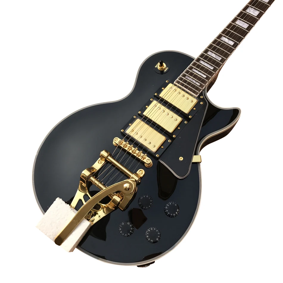 

Black Electric guitar, Rosewood fingerboard, Gold hardware, 3 pickups, Bigsby tremolo system electric guitar, Free shipping