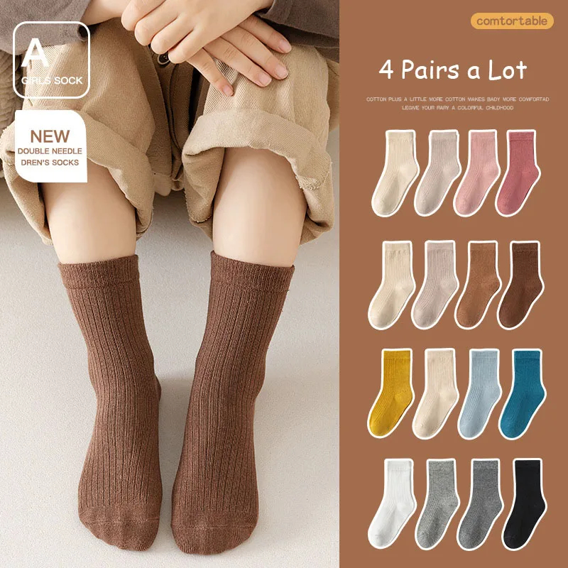 4 Pairs a Lot Spring Kids Knee-high Socks Cute Solid Color Girls Socks 12 Colors Children Versatile In Tube Socks