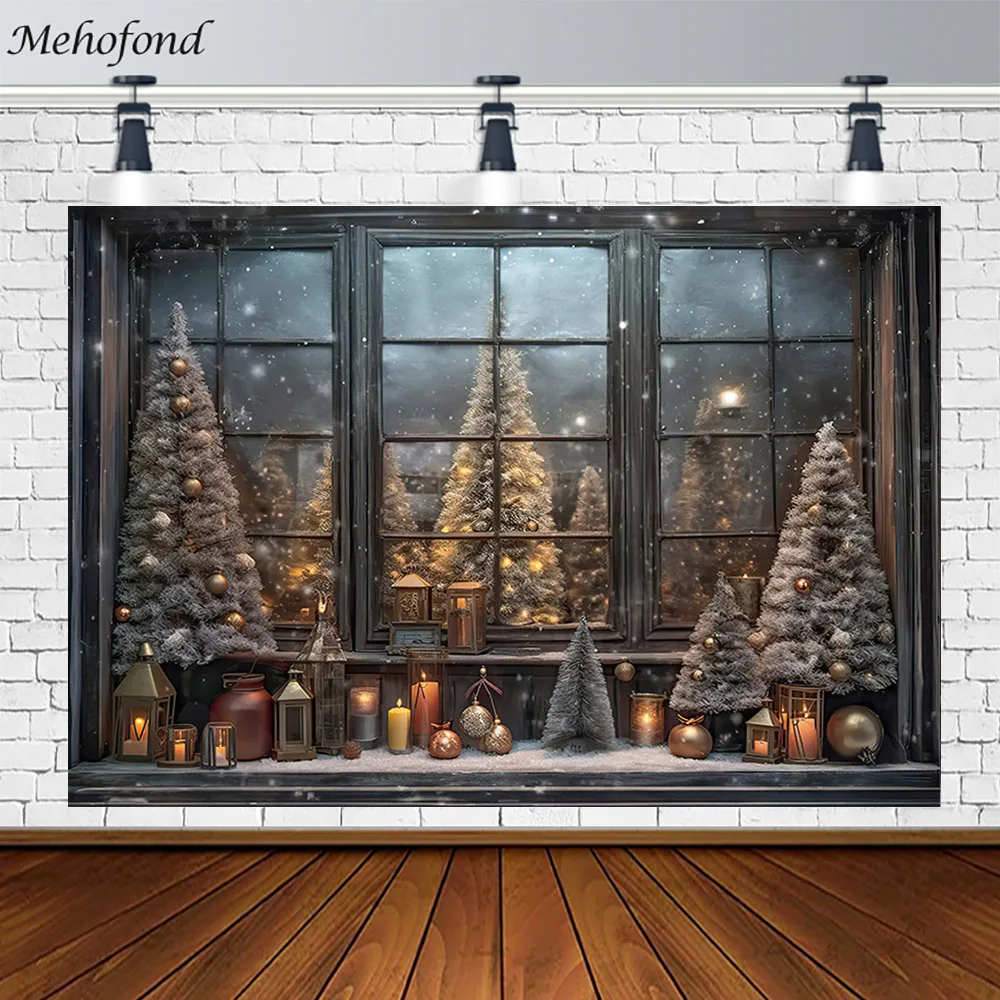 Mehofond Photography Fondale Christmas Showcase Snow Windows Decoration Banner Luci Luminescenti Night Outdoor Photo Props