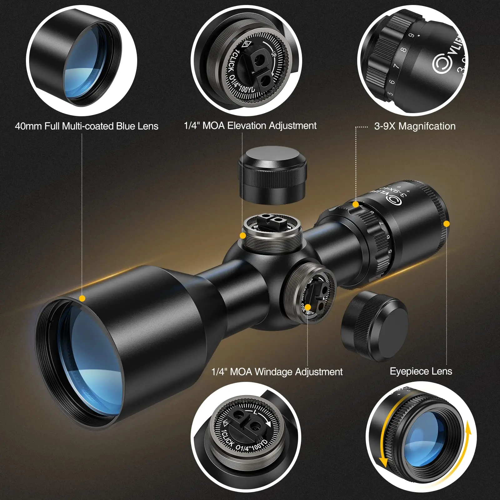 CVLIFE 3-9x40 Compact Rifle Scope with Mounts for 20mm Picatinny Crosshair Reticle Quick Aiming Hunting