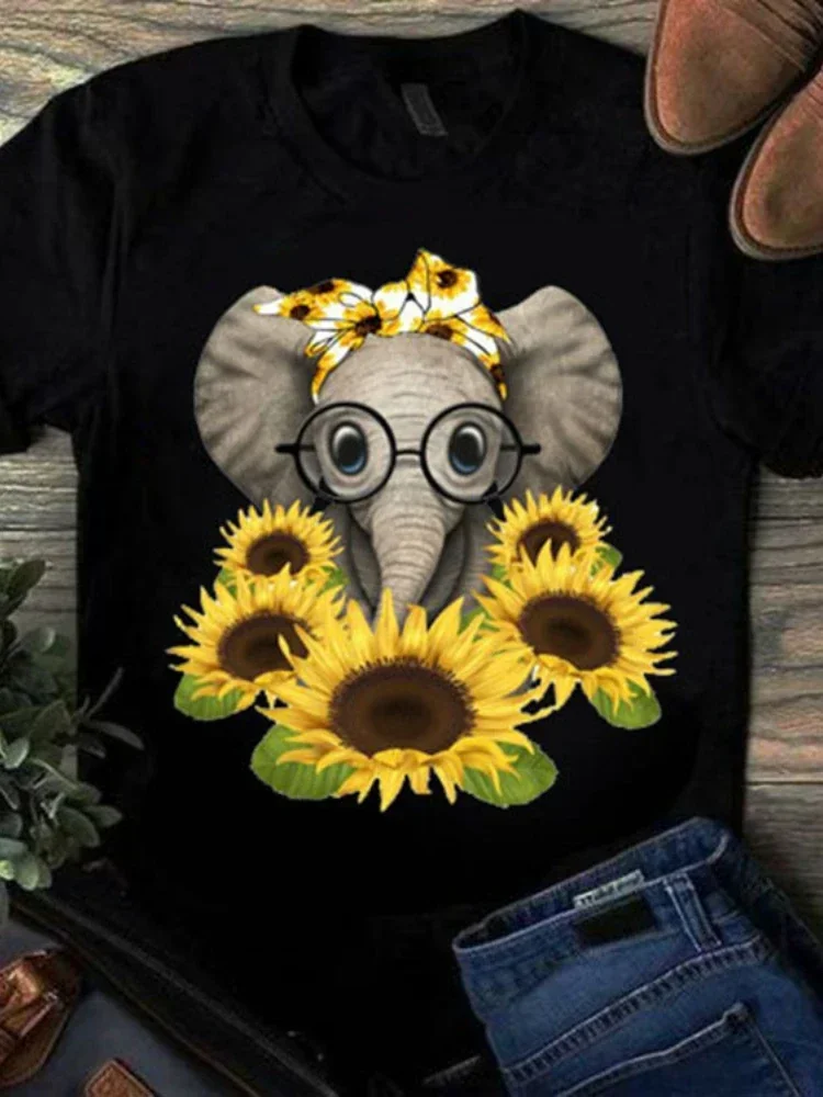 

Cartoon Sunflower Elephant Print T Shirt Women Short Sleeve O Neck Loose Tshirt Summer Women Tee Shirt Tops Camisetas Mujer 2024