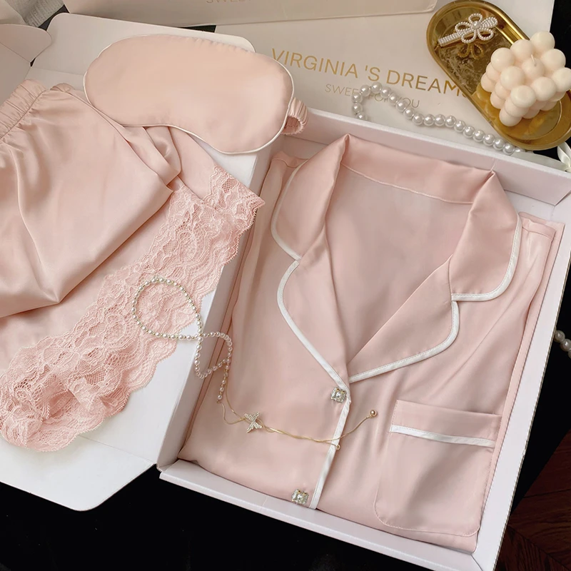 Lace Patchwork Pink Sexy Two Piece Pajama Set Summer Women's V-Neck Top and Shorts Set Fashion Women's Pajama Set Home Clothes