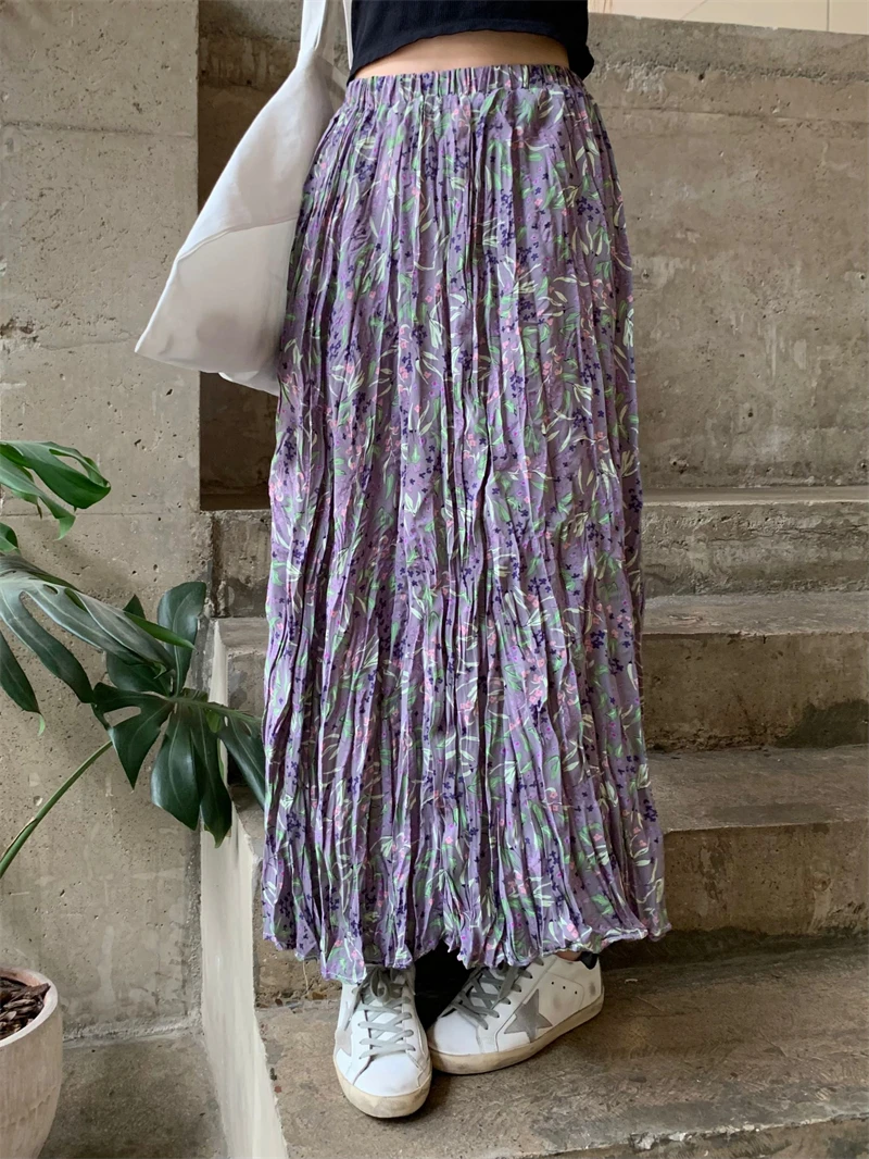 

Женская шифоновая юбка с цветочным принтом, фиолетовая длинная Плиссированная юбка с высокой эластичной талией, SA789, лето 2024