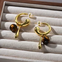 Europe Classic Chic Brass Plated 18K Gold Tiger Eye Stone Earring Woman Vintage Jewelry Trend