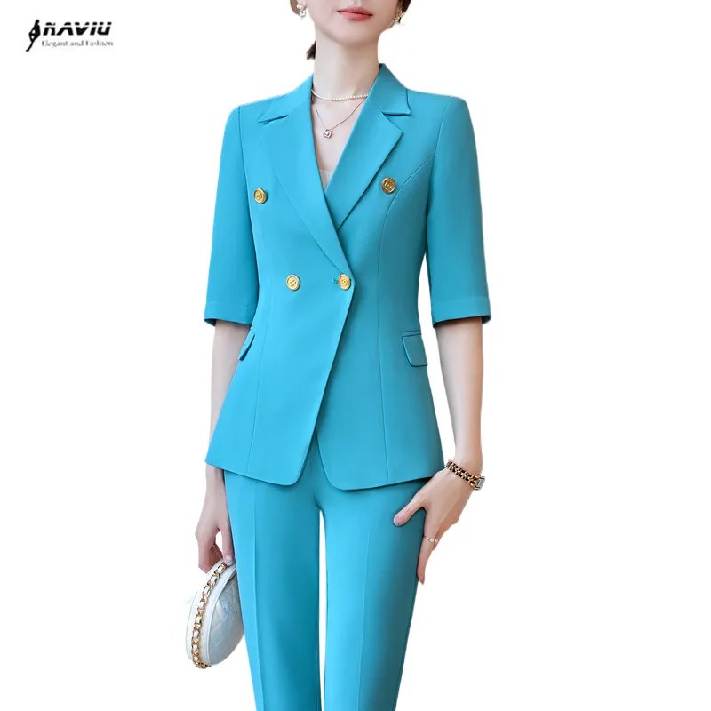 

NAVIU Formal Uniform Designs Pantsuits Half Sleeve Women Slim Blazers Spring Summer Professional Business Work Wear Trousers Set